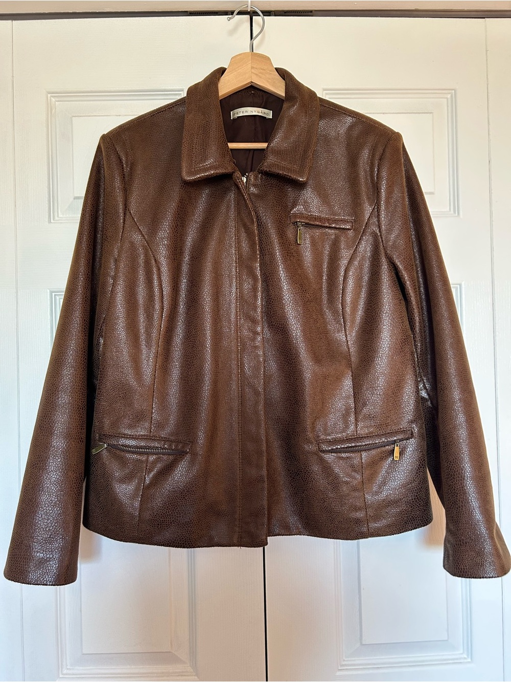 Vegan Cognac Brown Faux Leather Zip Jacket by Peter Nygard